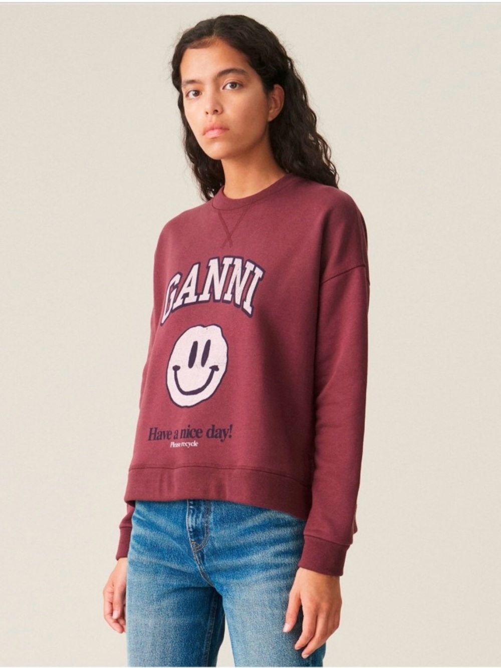 GANNI Oversized Isoli Smiley Sweatshirt Burgundy L/XL